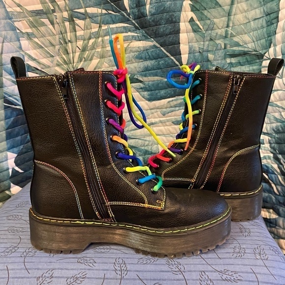 Union Bay black faux leather with rainbow stitching platform combat boots 7.5 - Picture 5 of 7